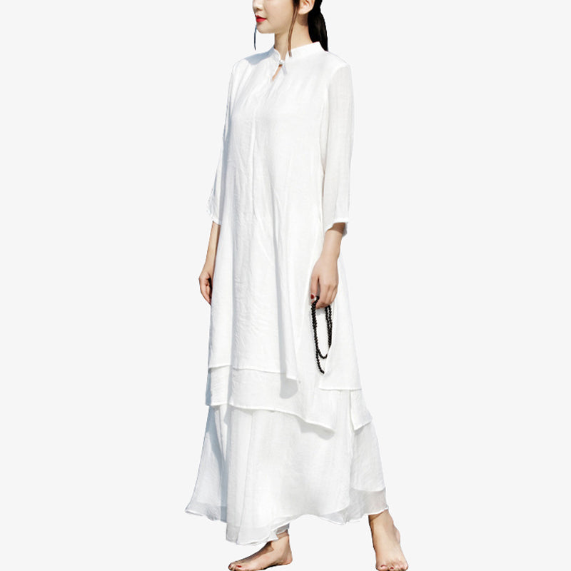 2Pcs White Tai Chi Meditation Yoga Zen Cotton Linen Clothing Top Pants Women's Set