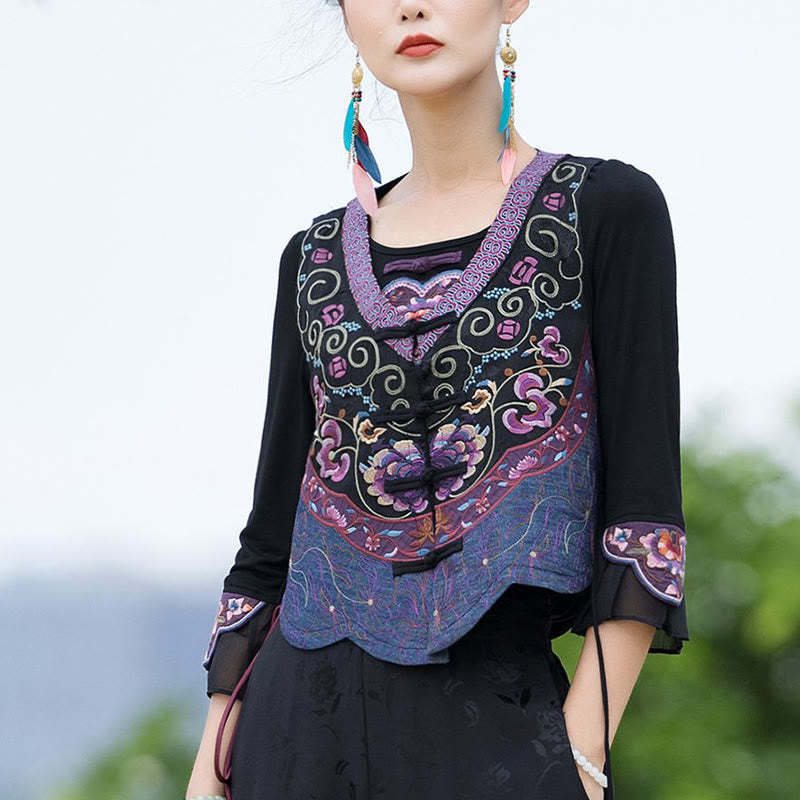 Vintage Frog-Button Embroidery Purple Flower Tang Suit Design Sleeveless Vest