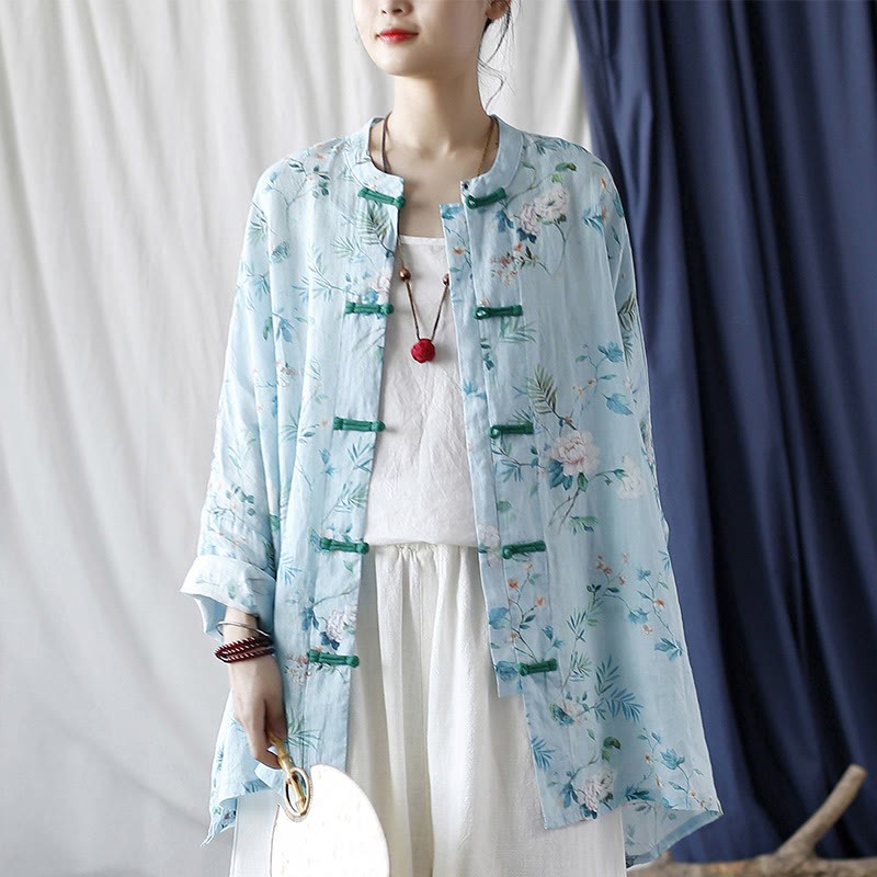 Light Green Pink Flowers Green Leaves Frog-Button Long Sleeve Ramie Linen Jacket Shirt