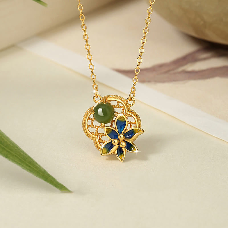 925 Sterling Silver Four Leaf Clover Flower Hetian Cyan Jade Pearl Healing Necklace Pendant Bracelet Earrings Set