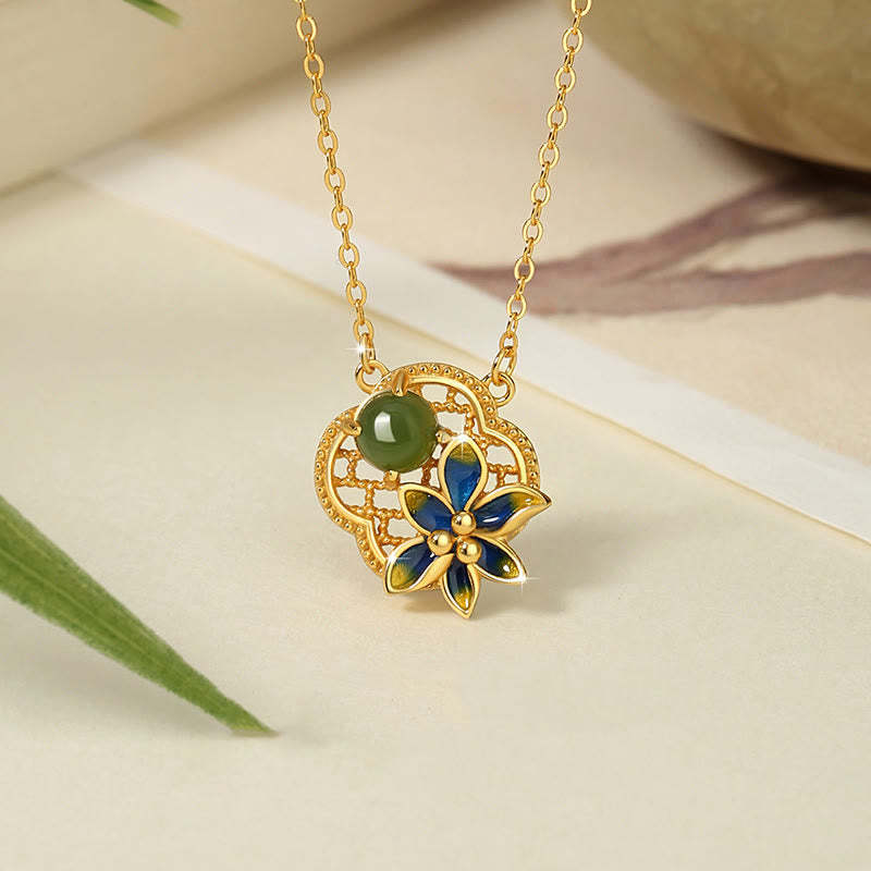 925 Sterling Silver Four Leaf Clover Flower Hetian Cyan Jade Pearl Healing Necklace Pendant Bracelet Earrings Set