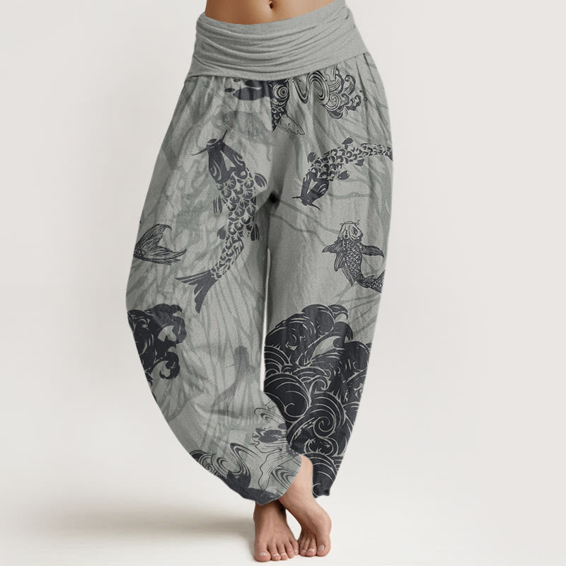 Koi FIsh Lotus Waves Women's Elastic Waist Harem Pants