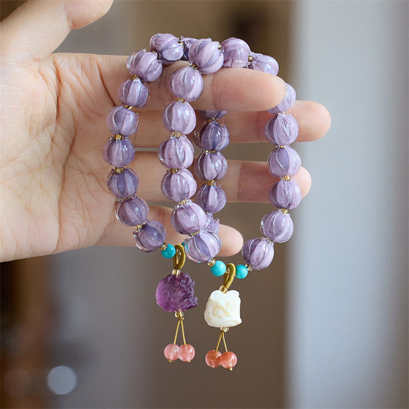 Liuli Glass Bead Lotus Design Fluorite Ivory Fruit Dancing Lion Charm Enlightenment Bracelet