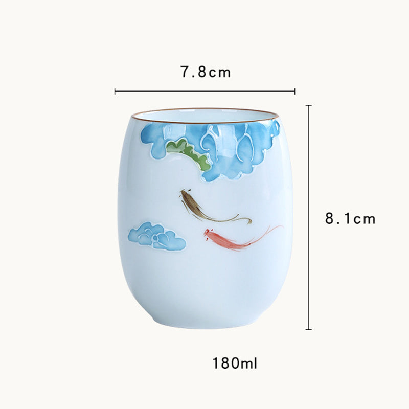 Koi Fish Lotus Landscape Dandelion Peony Flower Ceramic Teacup Kung Fu Tea Cup