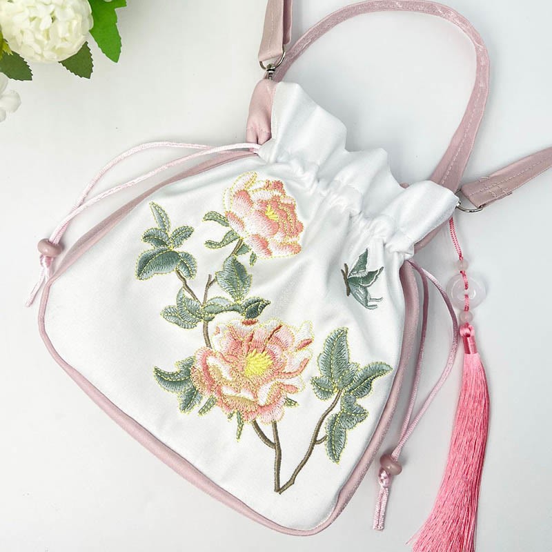 Embroidered Osmanthus Peony Grape Cat Cotton Linen Tote Crossbody Bag Shoulder Bag Handbag