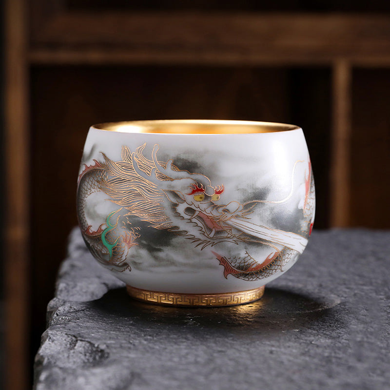 Dragon Gilt Gourd Ceramic White Porcelain Teacup Kung Fu Tea Cup 160ml