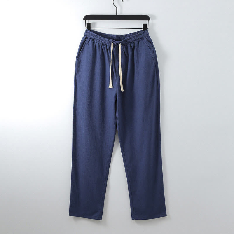 Solid Color Cotton Linen Casual Loose Men's Pants With Pockets