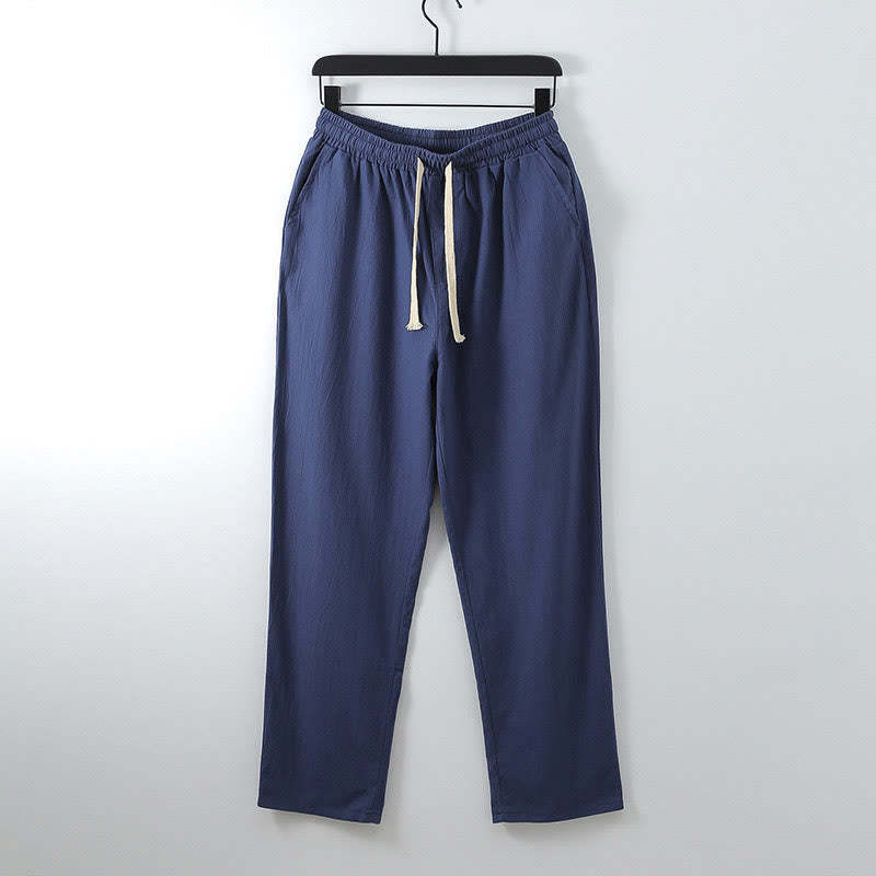 Solid Color Cotton Linen Casual Loose Men's Pants With Pockets