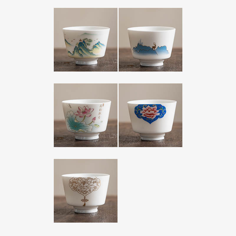 Lotus Flower Leaf Mountain Pavilion Elk Peony Ceramic Teacup Kung Fu Tea Cup