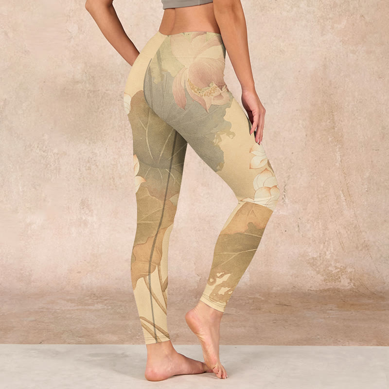 Lotus Flowers Leaves Print Gym Leggings Women's Yoga Pants
