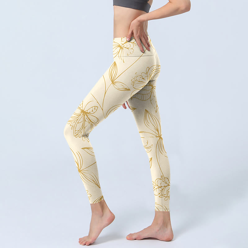 Beige Flower Vine Print Gym Leggings Women's Yoga Pants