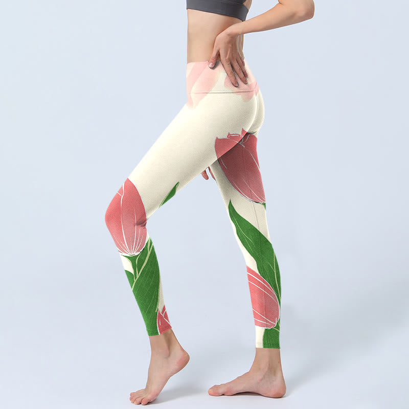 Pink Tulip Flower Print Gym Fitness Leggings Women's Yoga Pants