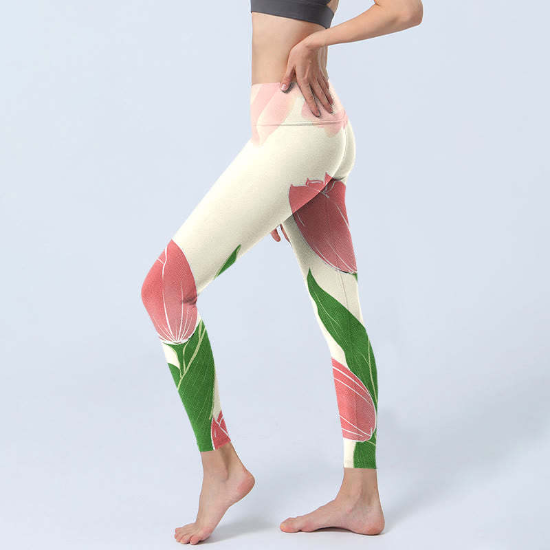 Pink Tulip Flower Print Gym Fitness Leggings Women's Yoga Pants