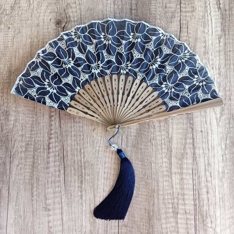 Solid Color Hollow Flowers Embroidery Cotton Fabric Handheld Bamboo Folding Fan