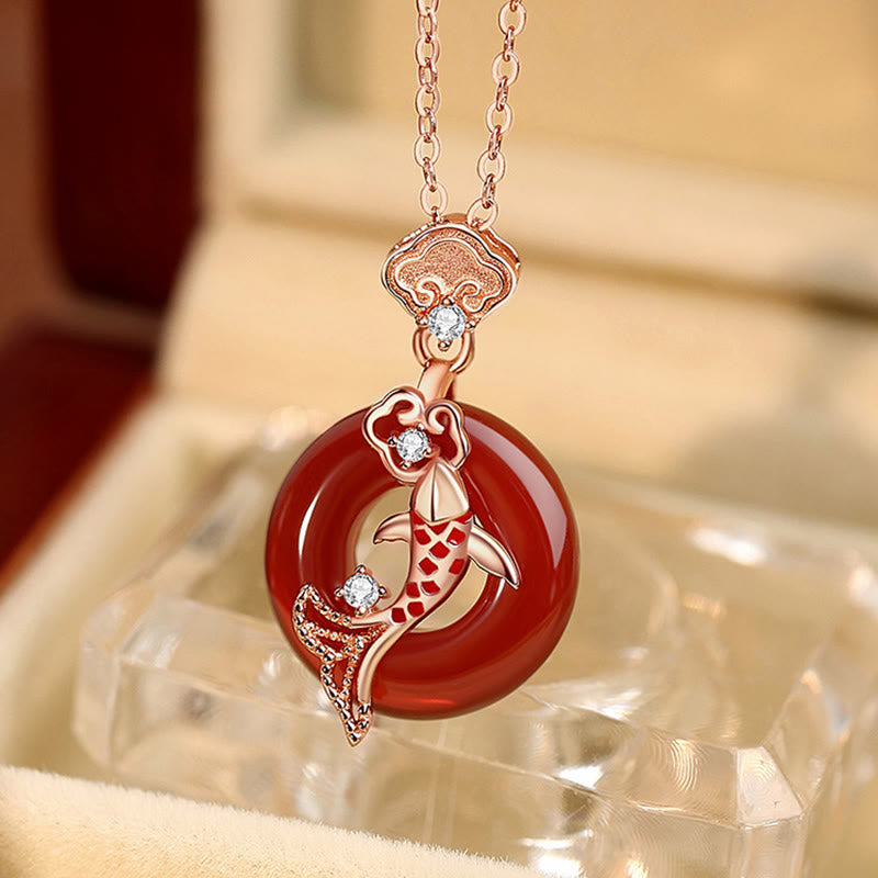 Red Agate 925 Sterling Silver Ruyi Lock Koi Fish Peace Buckle Calm Necklace Pendant