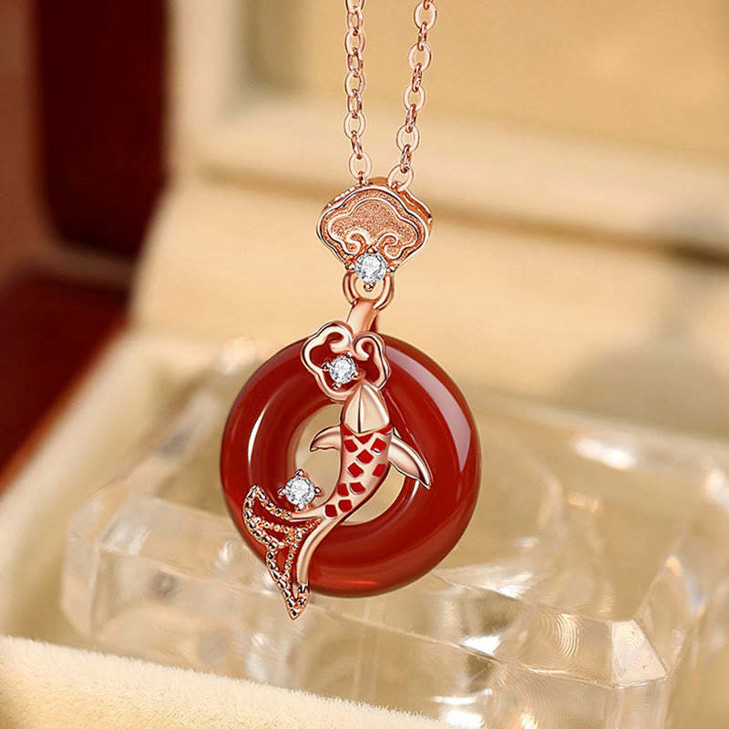 Red Agate 925 Sterling Silver Ruyi Lock Koi Fish Peace Buckle Calm Necklace Pendant