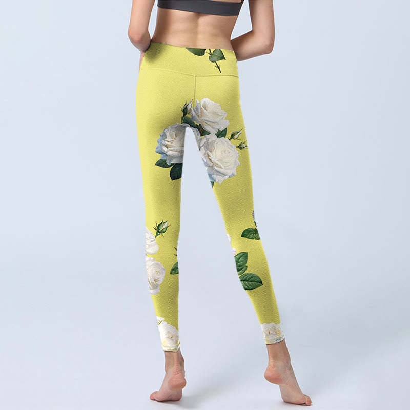 Yellow White Rose Print Sports Leggings Women's Yoga Pants