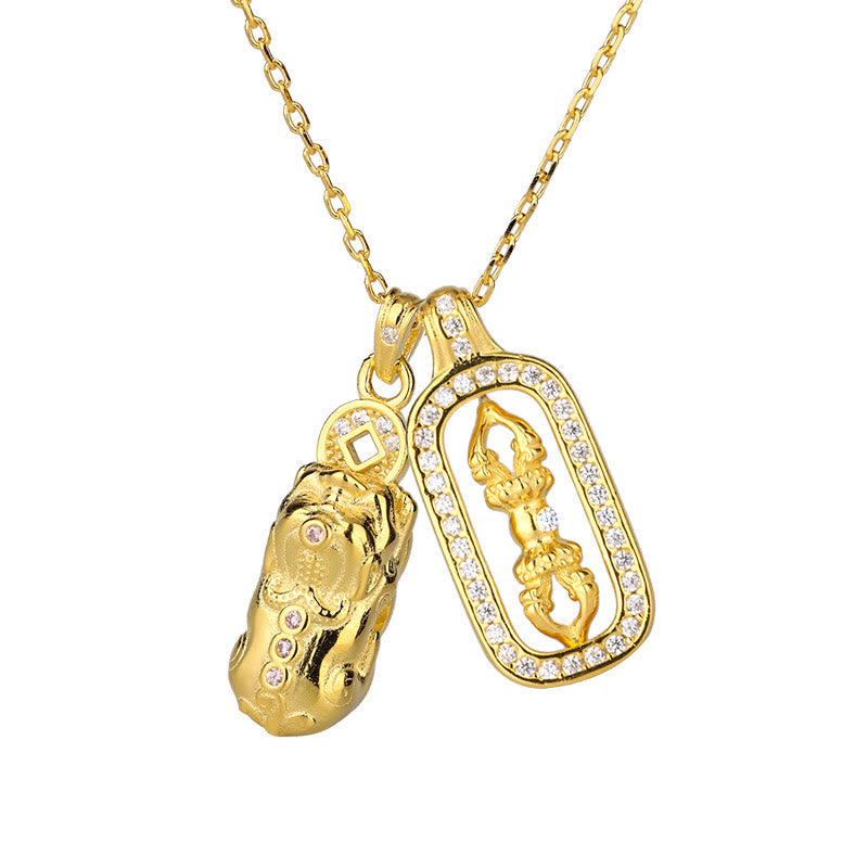 999 Sterling Silver Golden Pixiu Copper Coin Vajra Wealth Necklace Pendant