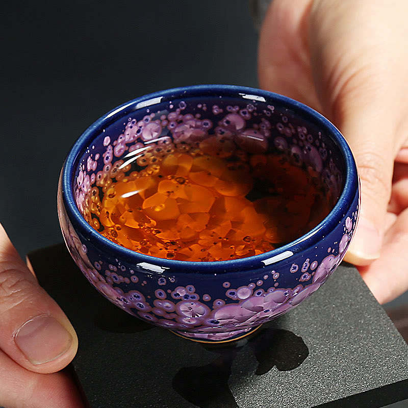 Colorful Iris Flowers Chinese Jianzhan Kiln Change Porcelain Teacup Tenmoku Kung Fu Tea Cup