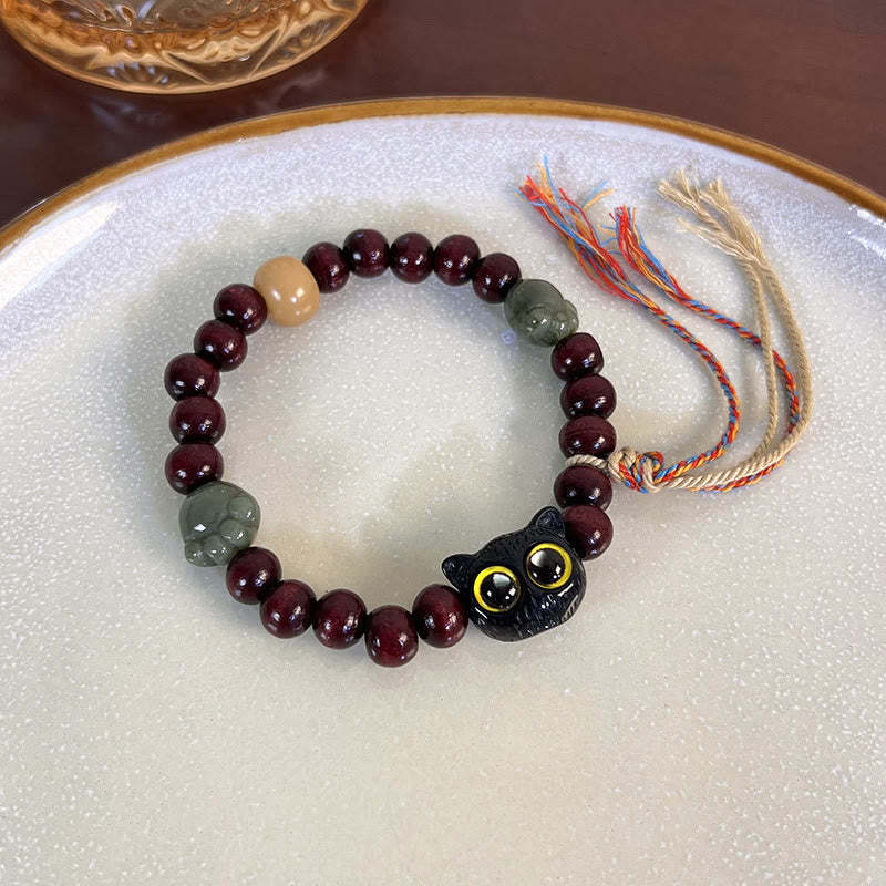 Ebony Wood Lovely Cat Jade Paw Peace Tassel Wood Bracelet