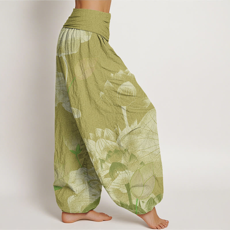 Pink And White Lotus Women's Elastic Waist Harem Pants