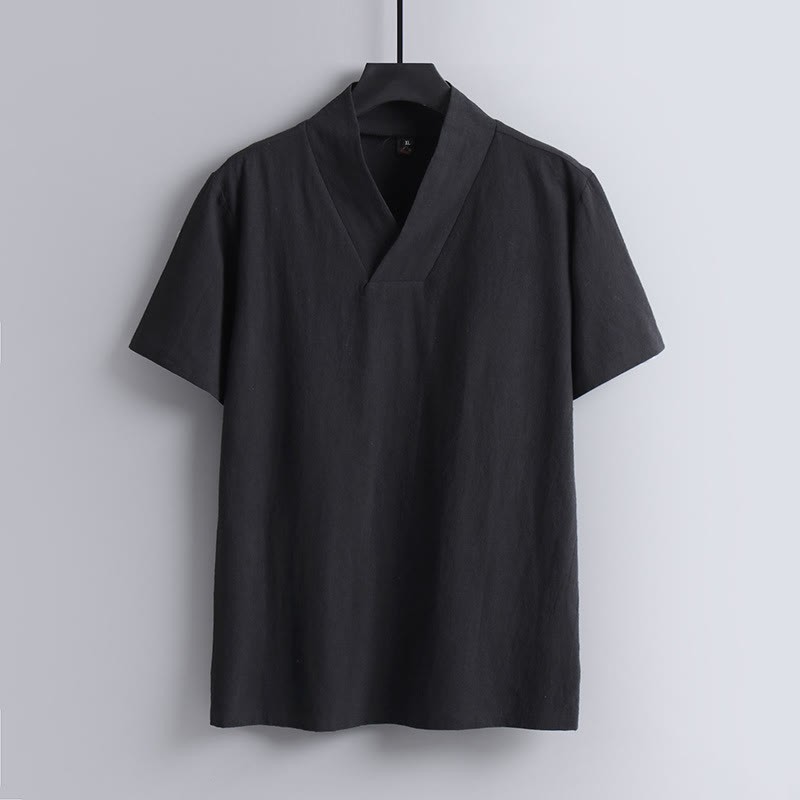 Loose Men's T-Shirt Solid Color Top Short Sleeve V Collar Breathable Linen Shirt