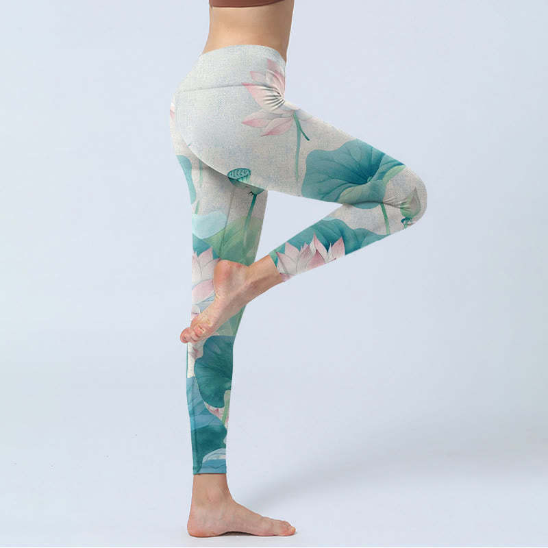 Blooming  White Pink Lotus Leaves Print Gym Leggings Women's Yoga Pants