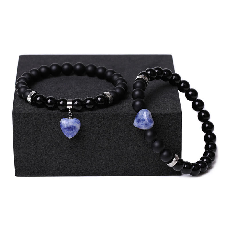 2Pcs Black Onyx Crystal Stone Love Heart Protection Support Couple Bracelet