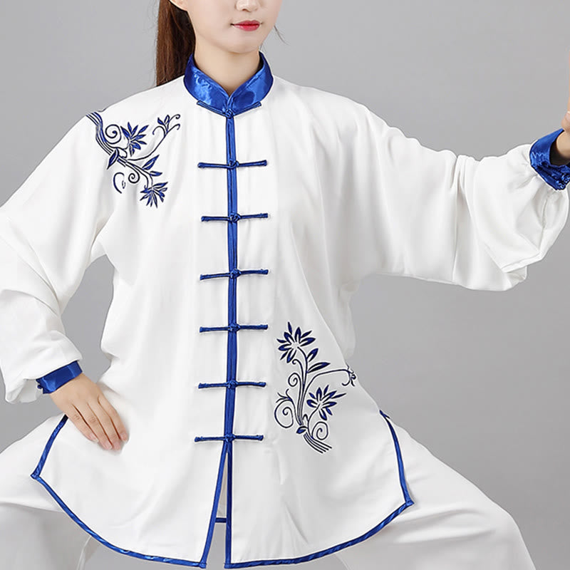2Pcs Fall Blue Embroidery Flowers Frog-Button Tai Chi Meditation Qigong Zen Practice Unisex Cotton Clothing Set