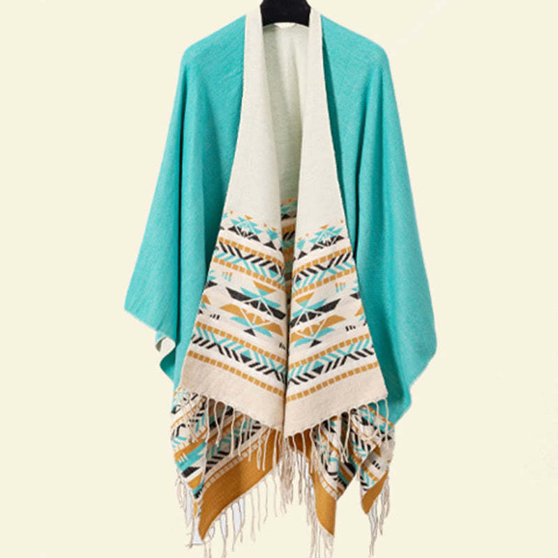 Tibetan Geometric Rhombus Pattern Tassels Shawl Fall Winter Warm Cozy Scarf Wrap