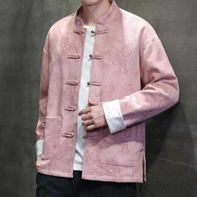 Chinese New Year Kirin Print Frog-button Tang Suit Men's Jacket Shirt With Pockets