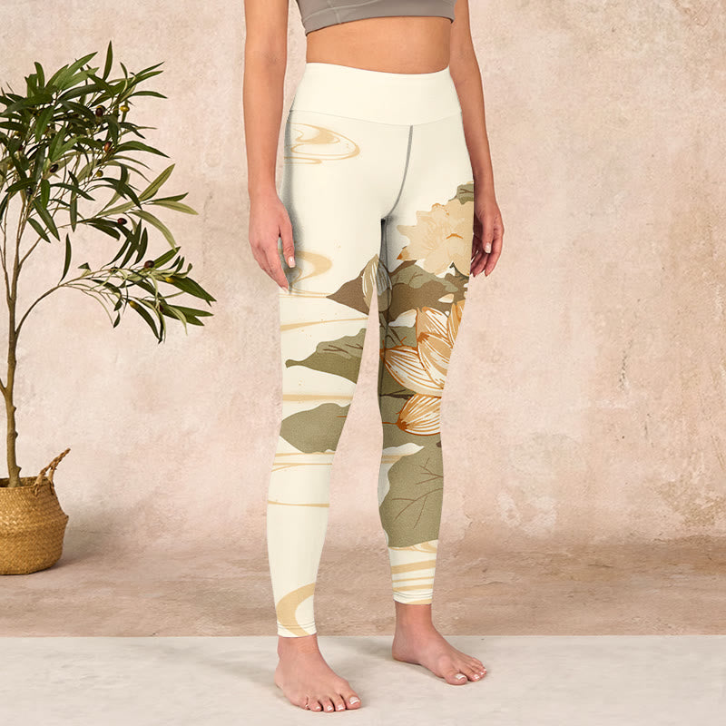 Beige Lotus Flower Print Gym Fitness Leggings Women's Yoga Pants