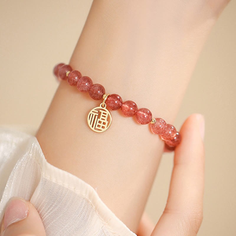 14K Gold Plated Strawberry Quartz Fu Character Healing Charm Bracelet