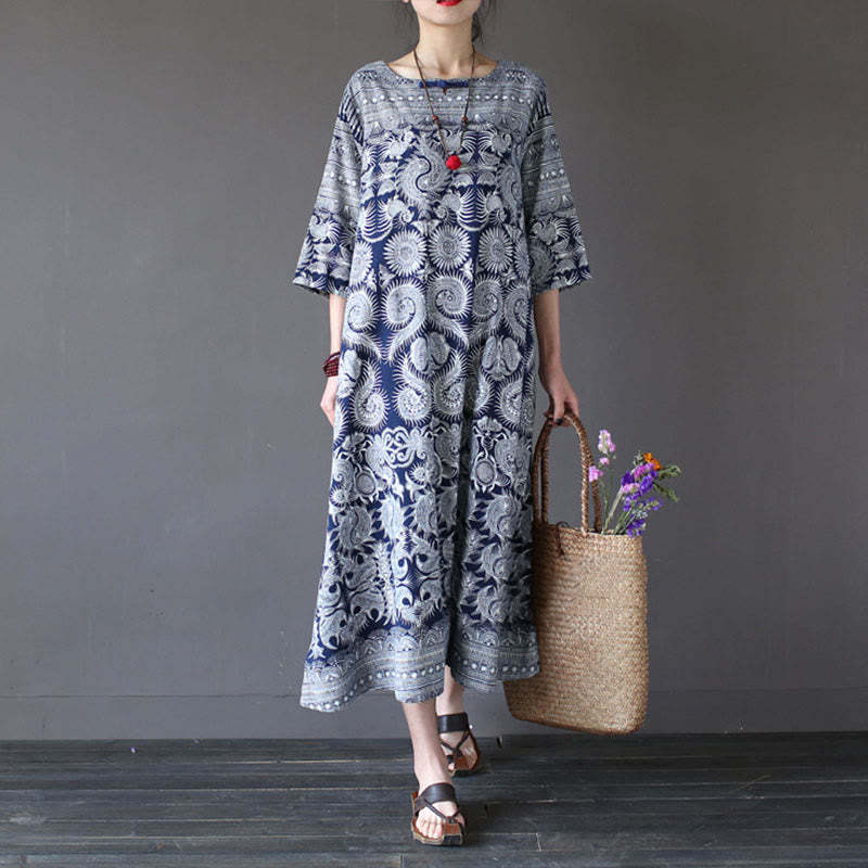 Blue White Flower Printed Button Midi Dress Three Quarter Sleeve Cotton Linen Dress With Pockets