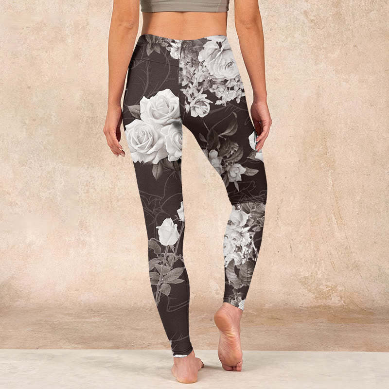 Gray White Rose Print Gym Fitness Leggings Women's Yoga Pants