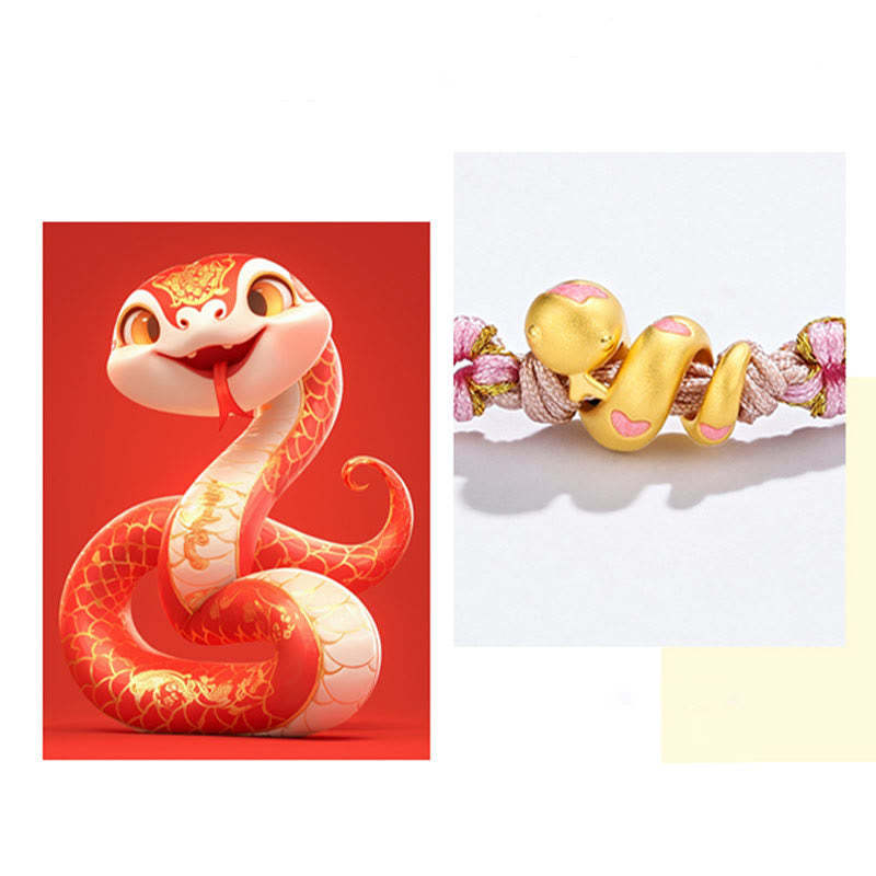 999 Gold Beads Enamel Pink Rope Year Of The Snake Luck Bracelet