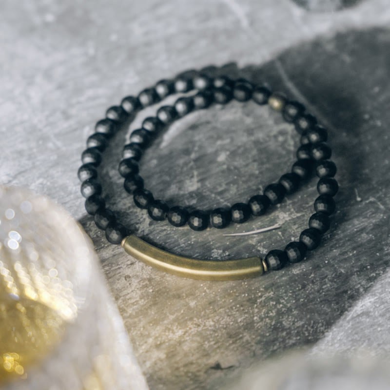 Frosted Cut Surface Black Onyx Copper Brass Double Wrap Protection Bracelet