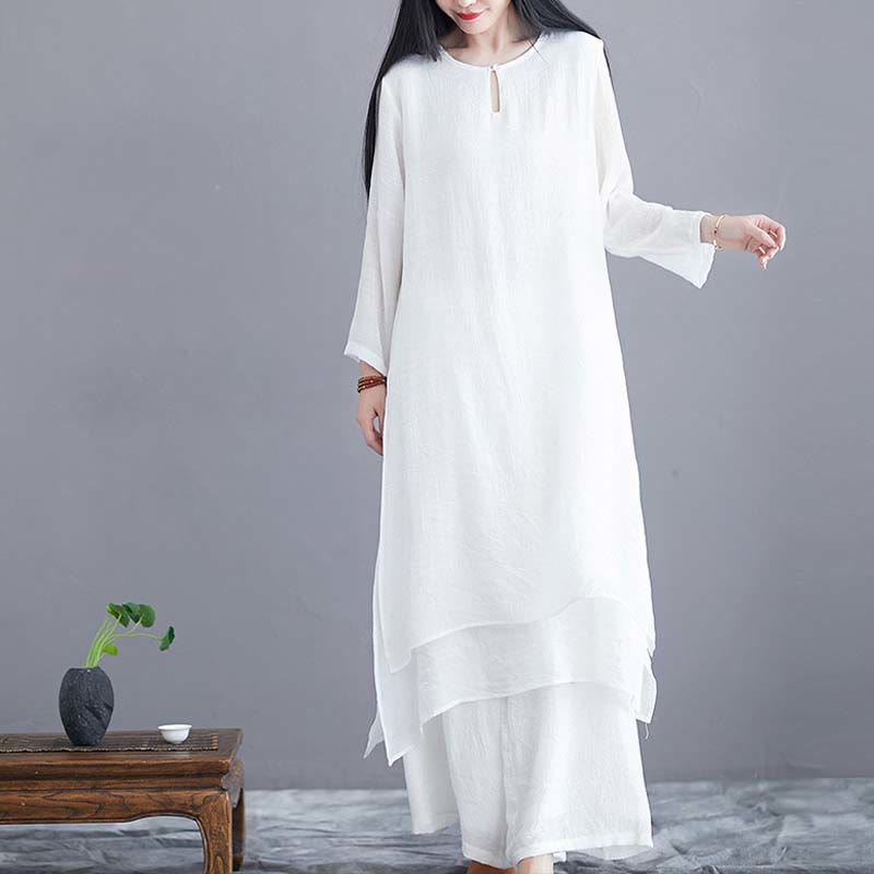 2Pcs Solid Color Midi Dress Wide Leg Pants Meditation Spiritual Zen Practice Yoga Dance Clothing