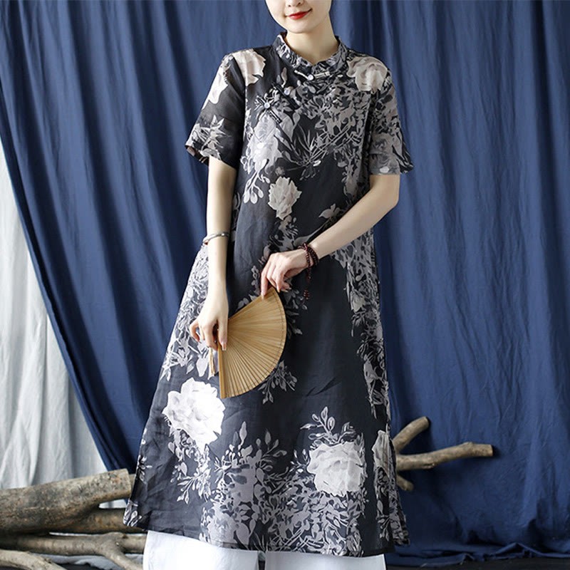 Ramie Linen Blue Flowers Leaves Cheongsam Dresses Short Sleeve Dress