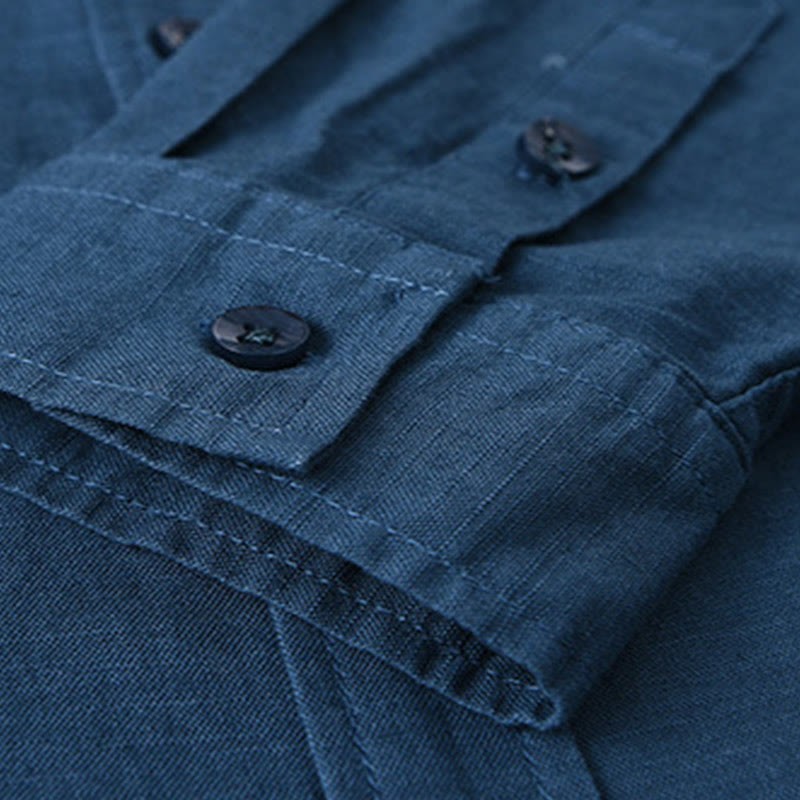 Men's Long Sleeve Stand Collar With Pocket Pure Color Casual Cotton Linen Shirt
