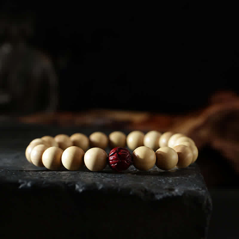 Tibet Peach Wood Lotus Cinnabar Bagua Yin Yang Luck Wealth Bracelet