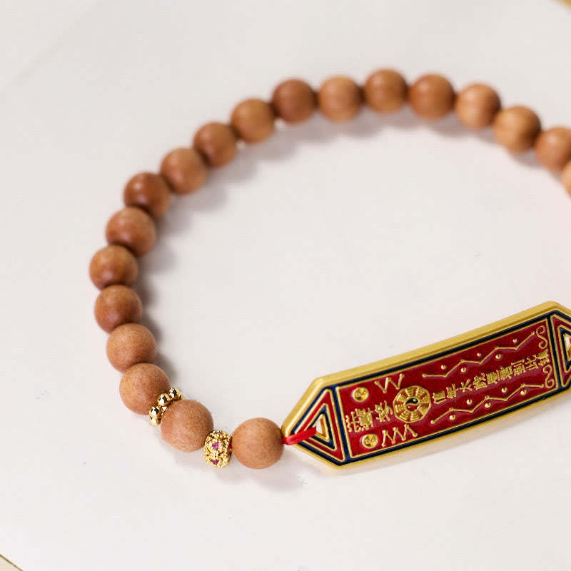 Sandalwood Wood Bead Gold Plated Copper Bagua Yin Yang Chinese Character Harmony Bracelet