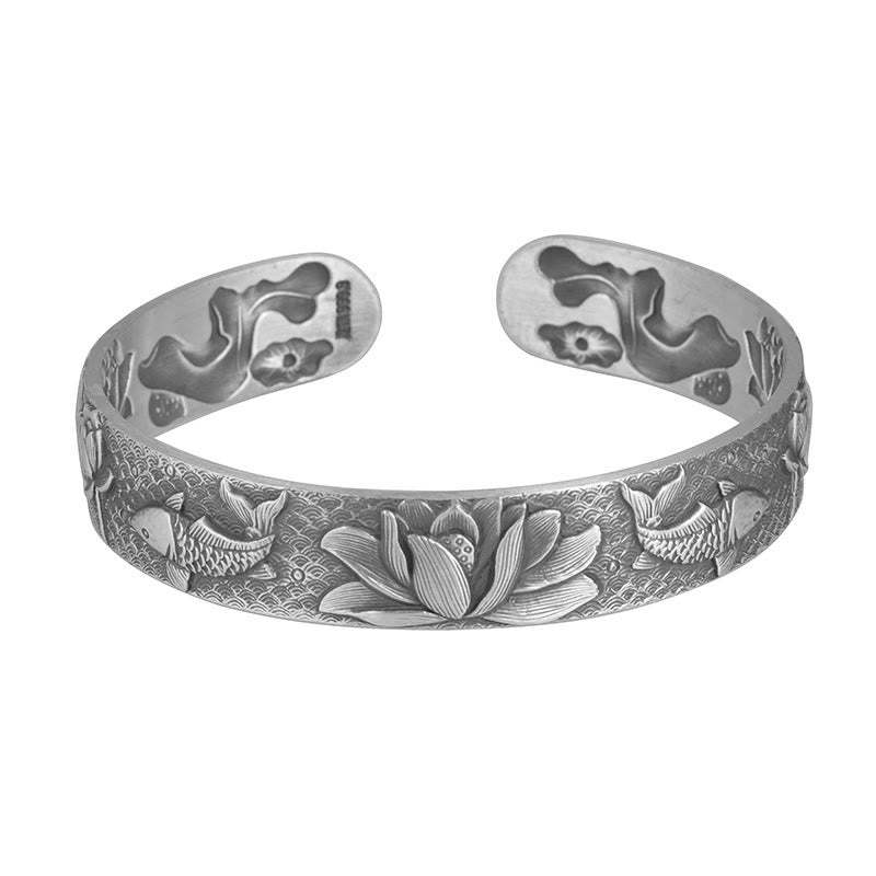 999 Sterling Silver Luck Koi Fish Lotus Wealth Bracelet Bangle
