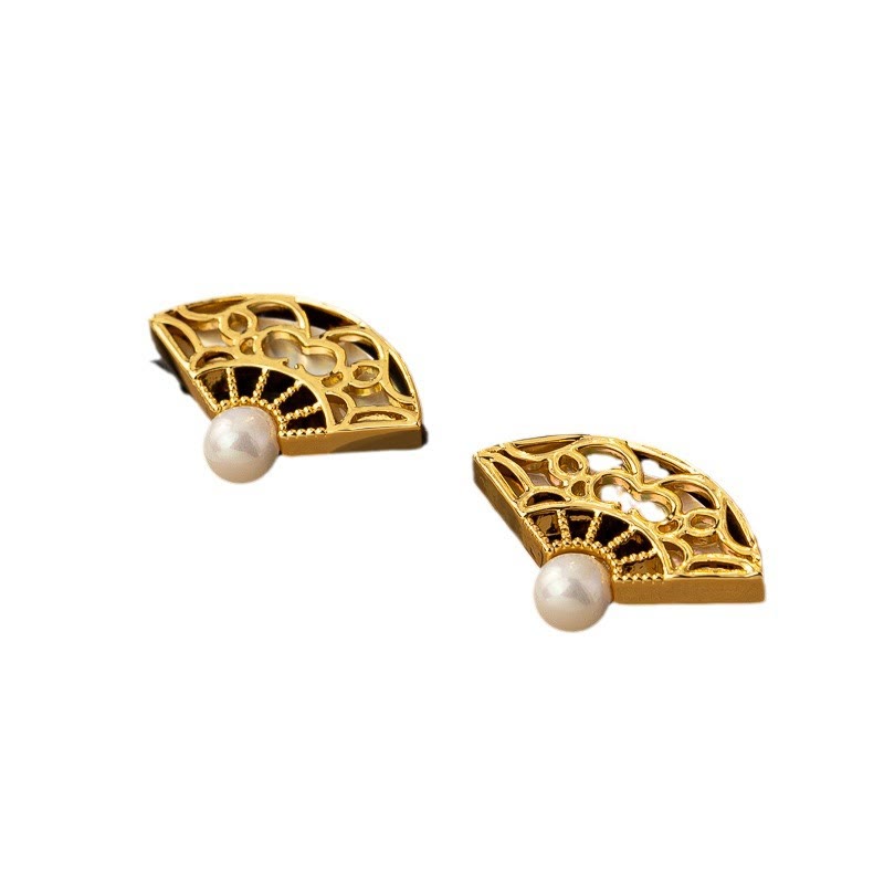 925 Sterling Silver Posts Fan Pattern Pearl Copper Wisdom Stud Drop Earrings