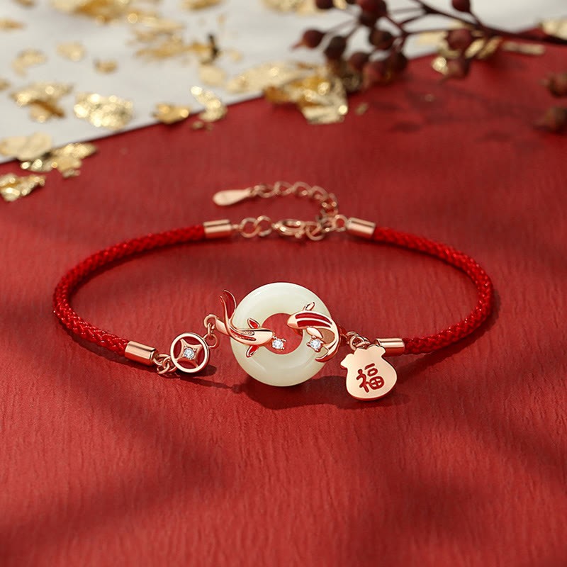 Natural Hetian Jade Red String 925 Sterling Silver Plated Gold Koi Fish Lucky Bag Fu Character Peace Buckle Luck Bracelet