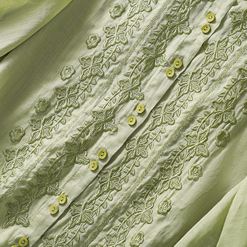 Summer Plain Button Embroidery Flower Pattern Three Quarter Sleeve Lapel Cotton Linen Women's Shirt