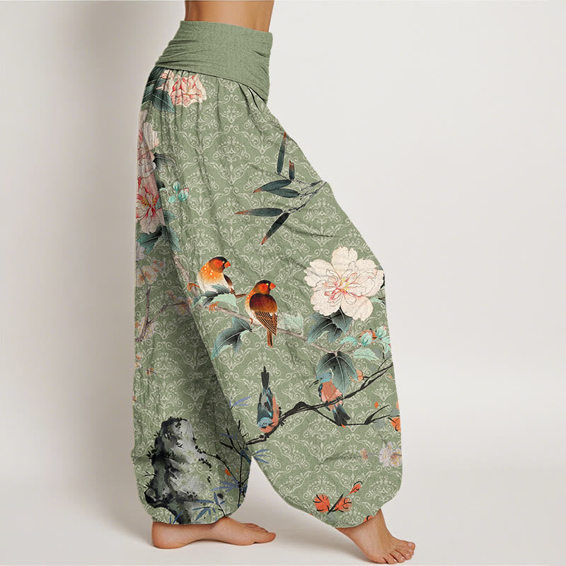 Warbler Bird Blooming Flower Branches Mandala Pattern Women's Elastic Waist Harem Pants