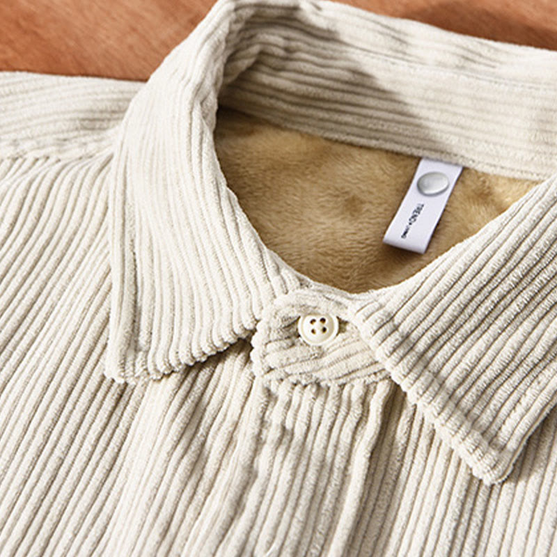 Men's Long Sleeve Fleece Lined With Pocket Corduroy Comfortable Shirt