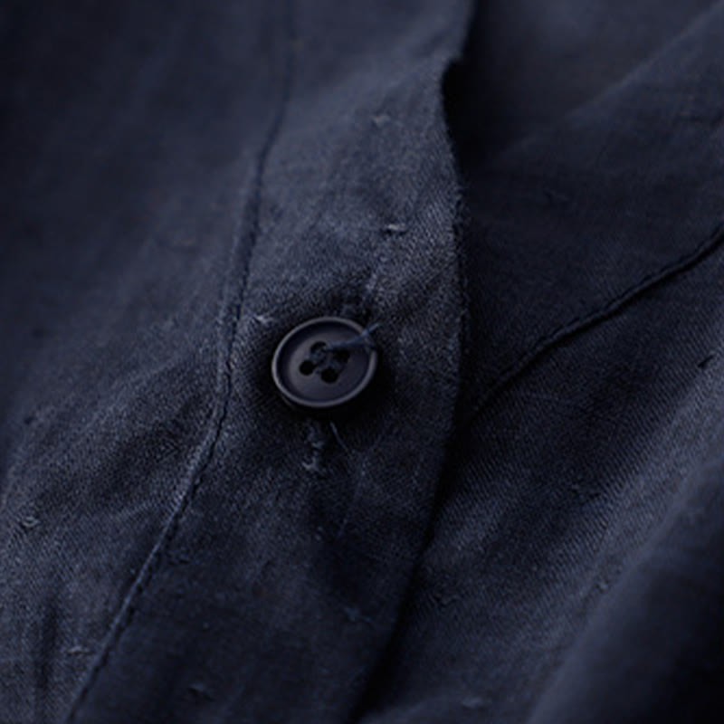 Spring Plain Button Half Puff Sleeve Waisted V-Neck Cotton Linen Women's Shirt