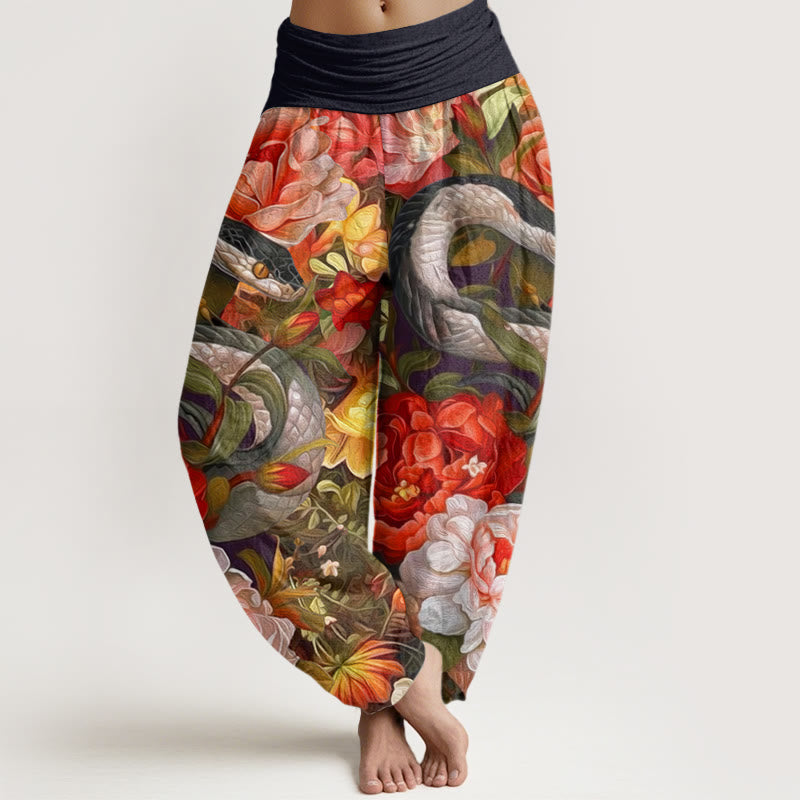 Snake Peony Flowers Leaf Pattern Women's Elastic Waist Harem Pants